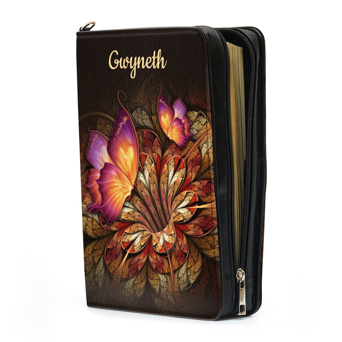 Psalm 34:1 - Flower & Butterfly , I Will Bless The Lord At All Times Leather Book Cover, Personalized Zippered Bible Cover With Handle, Christian Gift, Bible Covers Jesus Gifts